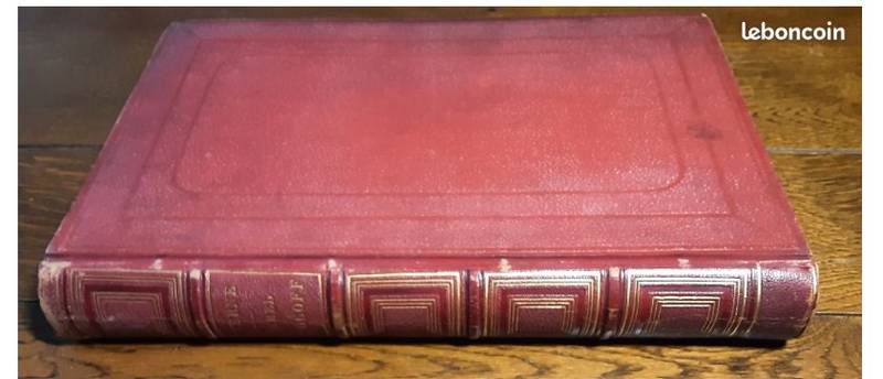 Red leather-bound French edition of Jules Verne's Michel Strogoff published by Hetzel, showing title page and frontispiece illustration. - view 1