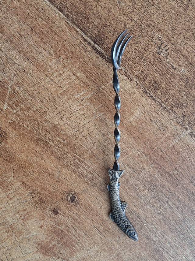 Silver Figural Sardine Fork with Barley Twist Stem - antiques collectible