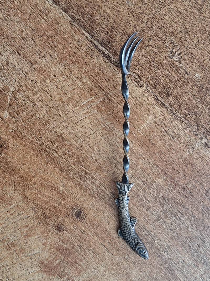 Silver Figural Sardine Fork with Barley Twist Stem - antiques collectible