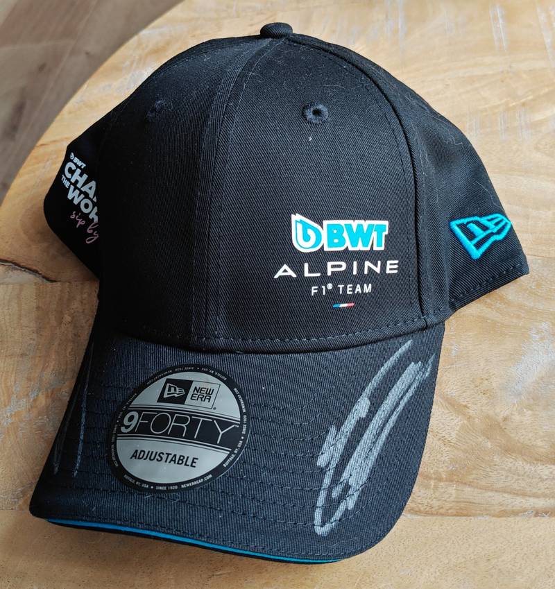 Black BWT Alpine F1 Team New Era 9FORTY adjustable baseball cap with a silver ink autograph on the brim. - view 1