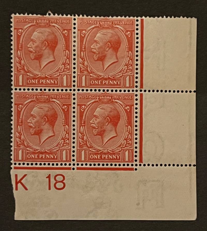 Great Britain King George V 1d Scarlet (Scott #159) Block of 4 with Control 'K 18' - stamps collectible