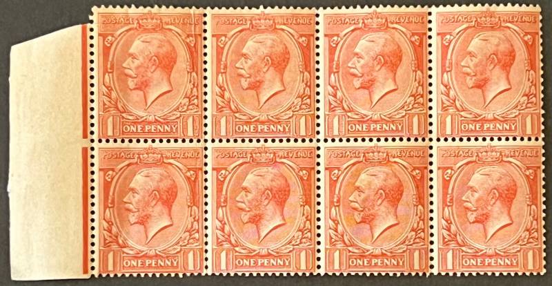 Great Britain 1912-24 King George V 'Downey Head' 1d Scarlet (Scott #152) Block of 8 with Left Margin - stamps collectible