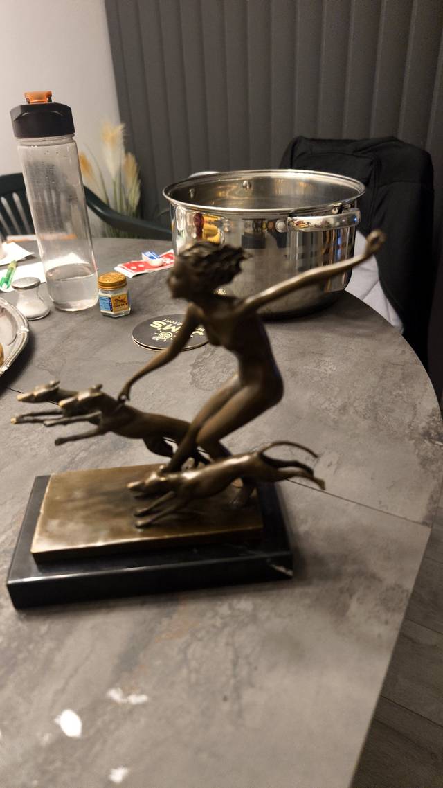 Art Deco Style Bronze Sculpture: Diana the Huntress with Hounds - antiques collectible