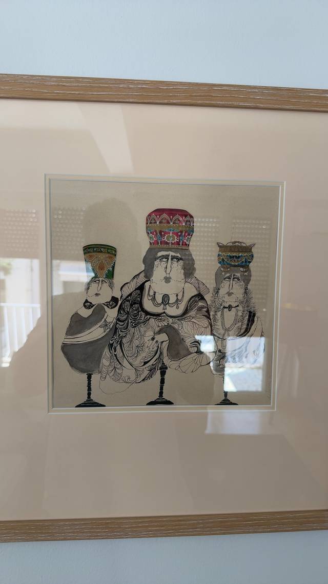 Original Greek Satirical Ink and Watercolor Drawing - paintings collectible