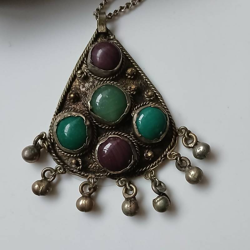 Tribal-Inspired Metal Pendant Necklace with Cabochon 'Stones' - jewelry collectible