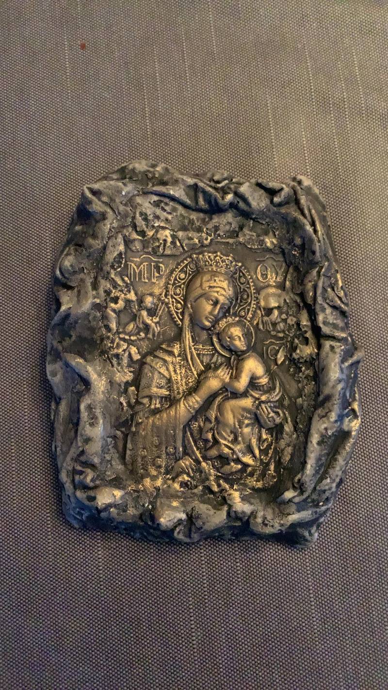 Vintage metal relief plaque depicting the Virgin Mary and Christ Child in Orthodox style, with religious monograms
