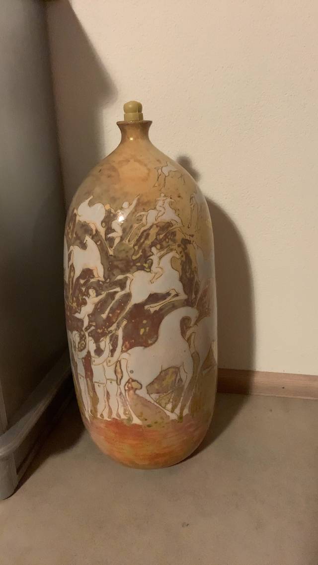 Mid-Century Modern Ceramic Bottle Vase with Figural and Equine Decoration - ceramics collectible
