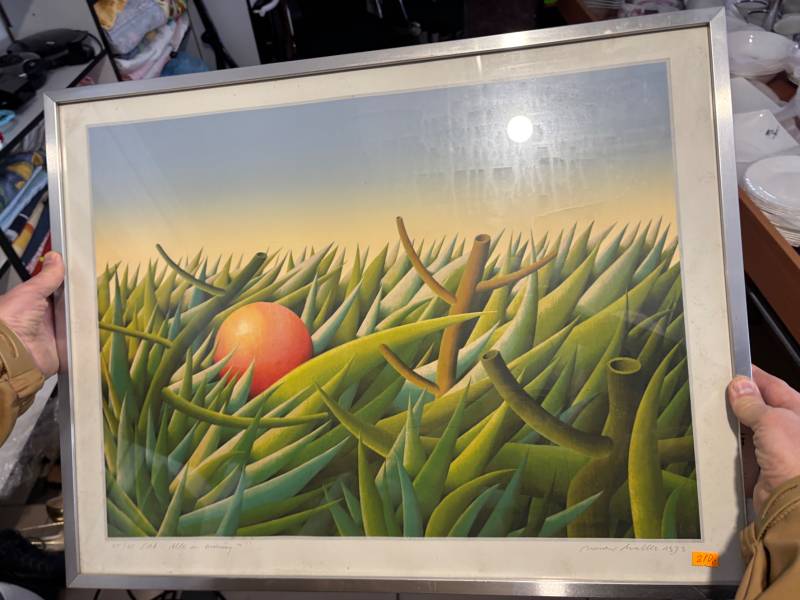 Framed serigraph by Norman Skaller, 'After An Awakening,' featuring green geometric foliage and an orange sphere under a gradient sky, dated 1973.