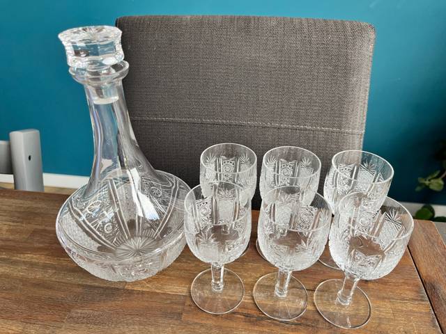 Mid-20th Century Lead Crystal Decanter and Stemware Set (7 Pieces) - decorative collectible