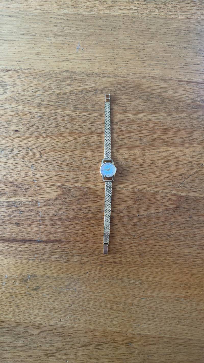 Vintage Tavernier 18K gold ladies watch with mother-of-pearl dial and gold mesh bracelet, featuring Swiss 17-jewel manual movement. - view 1
