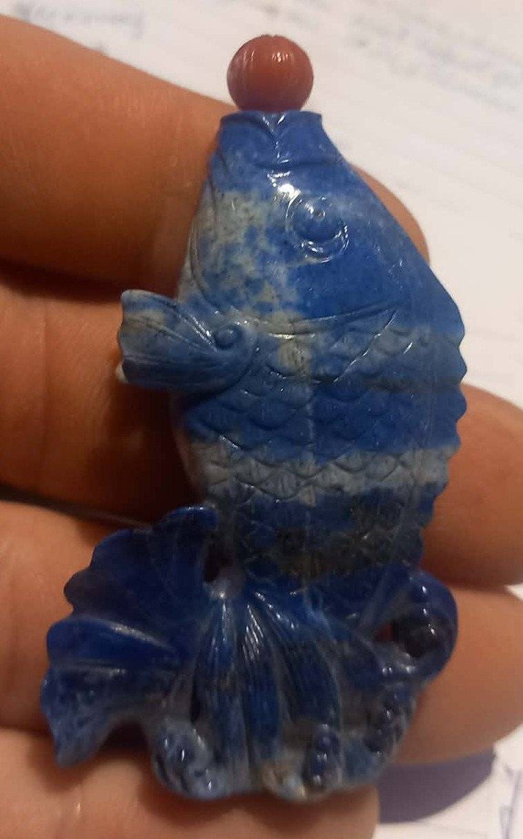 Chinese Lapis Lazuli Carp Pendant with Carnelian Bead - gemstones collectible