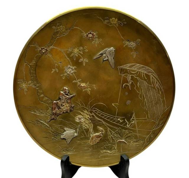 Japanese Meiji Period Bronze Plate with Sentoku and Shakudo Inlays - asian collectible