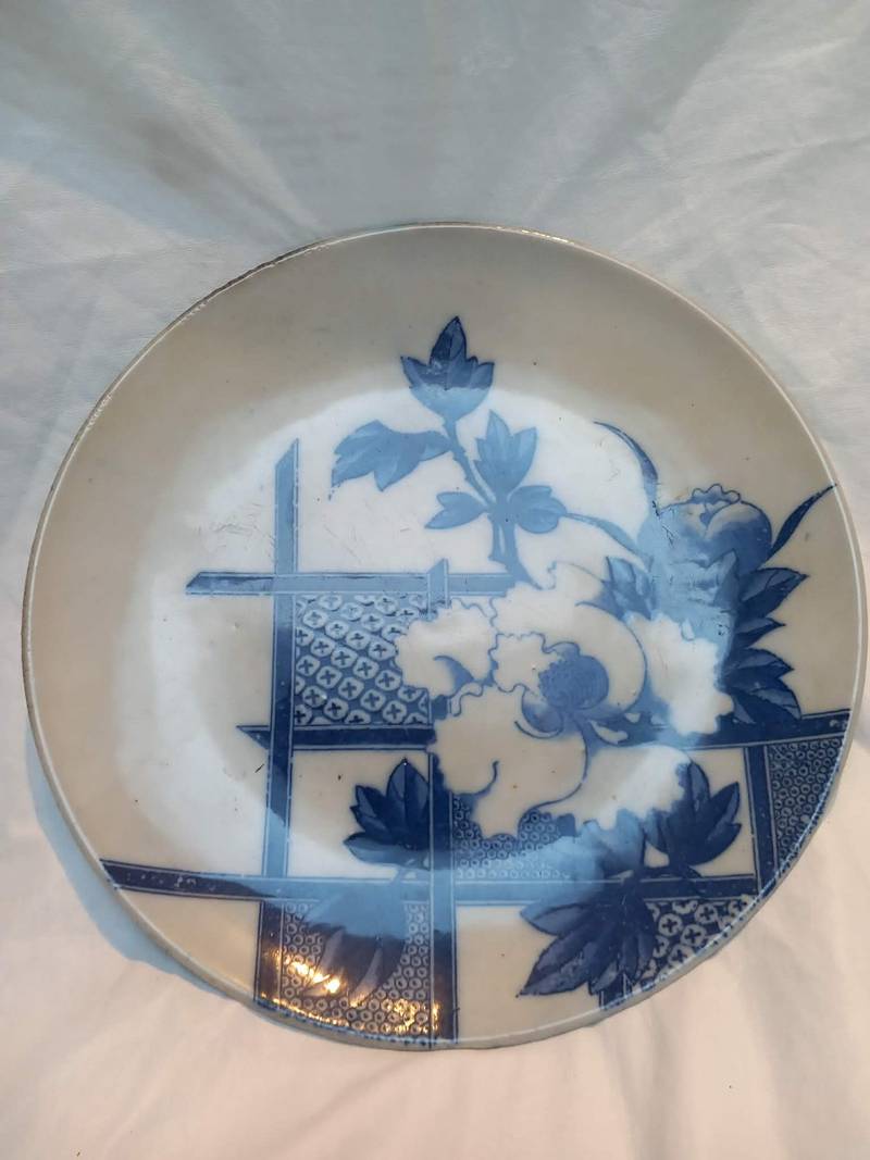 Chinese Blue and White Porcelain Plate with Peony and Bamboo Motif - ceramics collectible