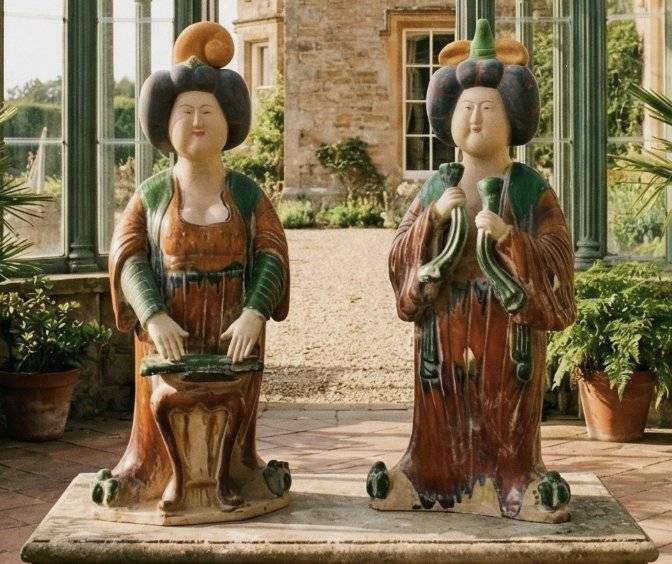 Sancai-Style 'Fat Lady' Court Figures - ceramics collectible