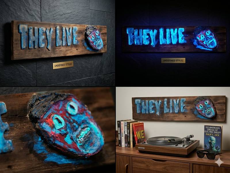 Dash Rodgerz sculpted They Live cedar plaque glowing blue under UV light