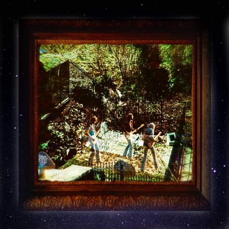 Digital composite art by Dash Rodgerz featuring the Allman Brothers Band at Rose Hill Cemetery inside a simulated gilt frame against space.