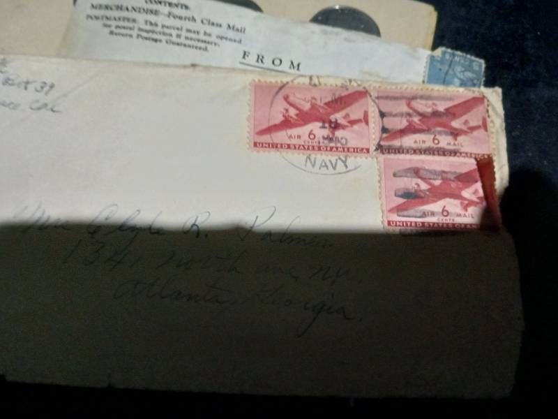 WWII US Navy postal cover franked with three 6-cent red Transport Plane air mail stamps addressed to Atlanta Georgia