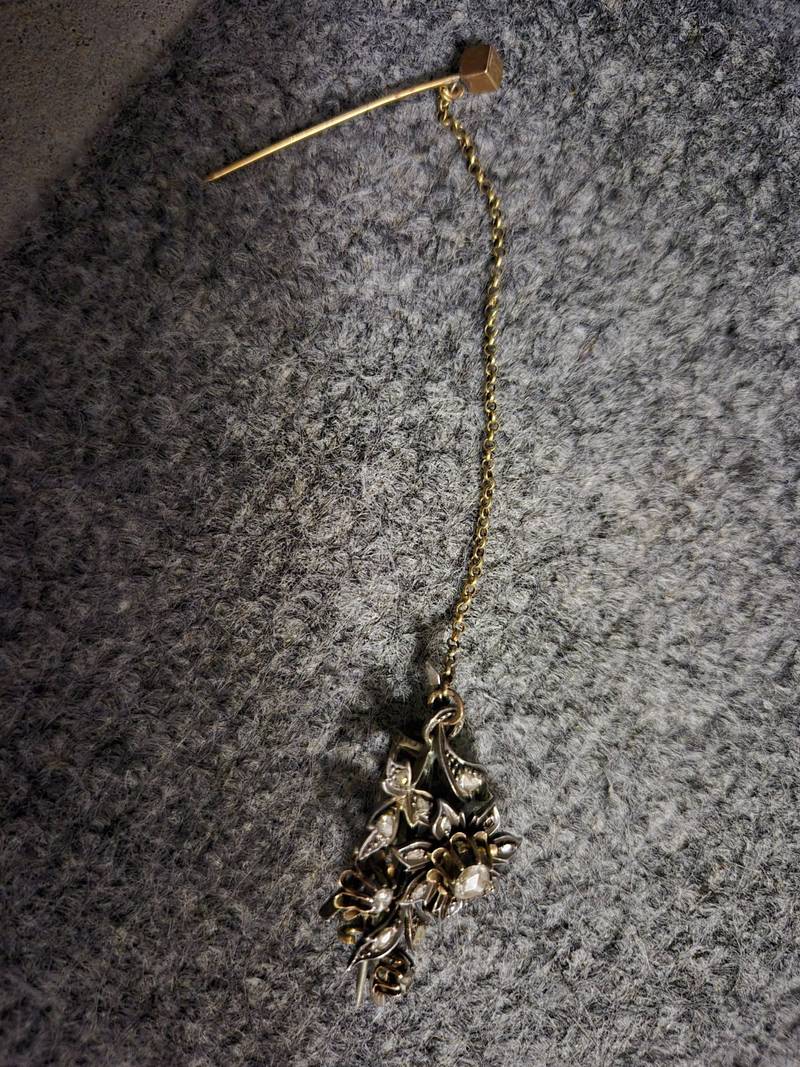 Victorian / Edwardian Era Floral Lapel Pin with Chain and Pendant - jewelry collectible