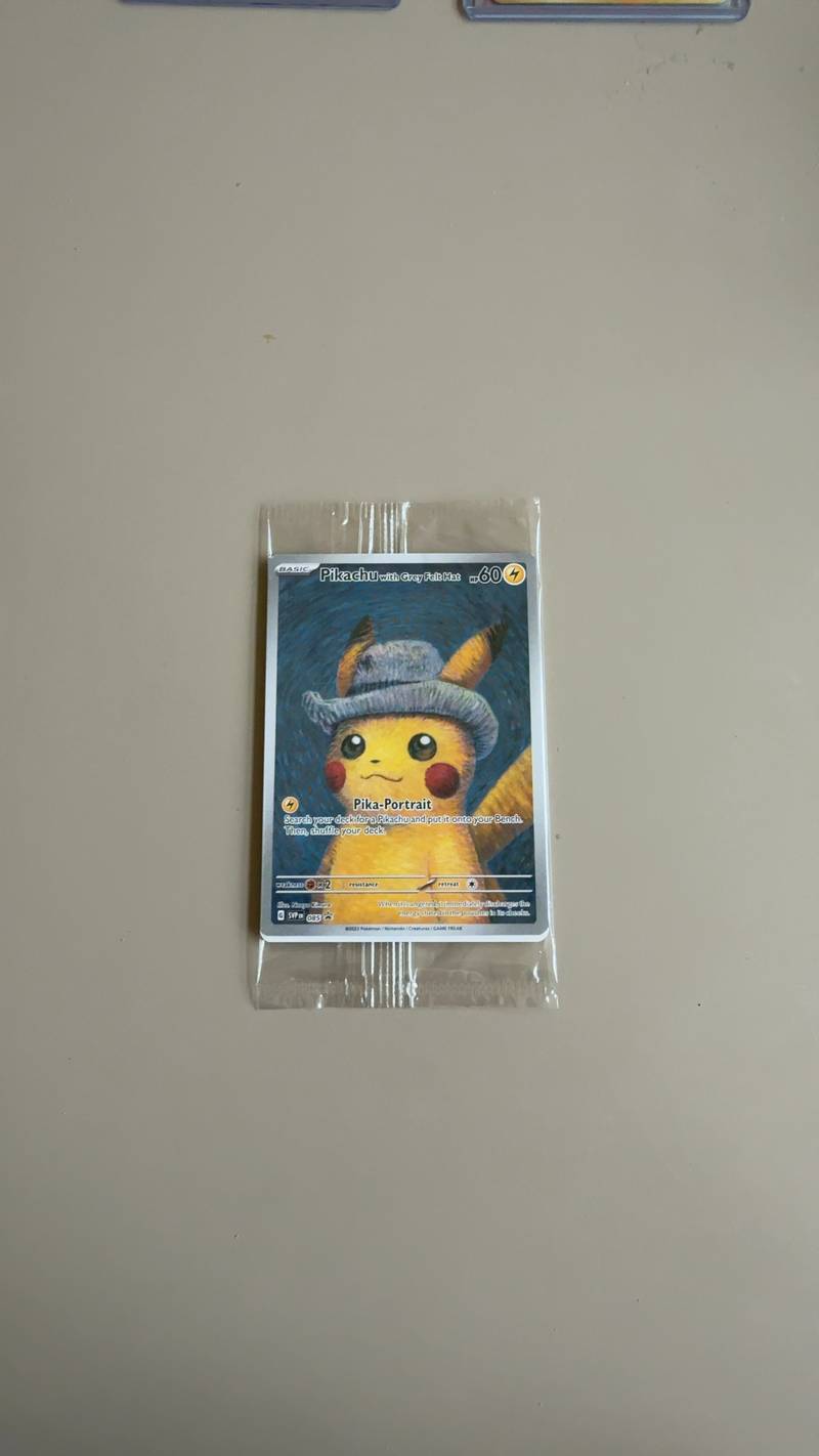 A sealed Pokémon card titled Pikachu with Grey Felt Hat, featuring Van Gogh style artwork and English text. - view 1