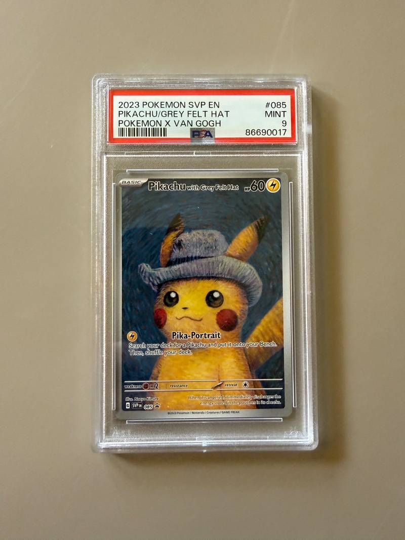 PSA 9 graded 2023 Pokemon SVP Promo 085 Pikachu with Grey Felt Hat card front and reverse - view 1