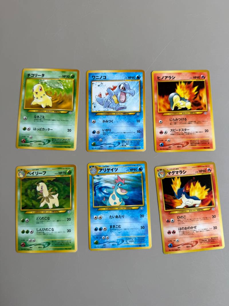 Six Japanese Pokémon cards featuring Johto starters and Stage 1 evolutions from Neo Premium File 1 - view 1